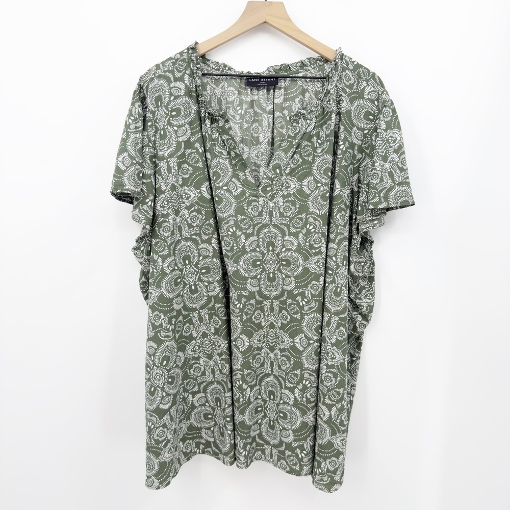 Lane Bryant Blouse Medallion Print Ruffle V-Neck Green White 34/36 Boho Festival